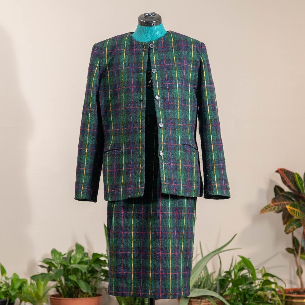 Vintage 1980s Navy and Green Plaid Wool Skirt Suit Set Women's Size 12